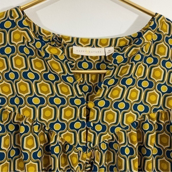 Happy Nature Kate Hudson Medium Geometric Yellow Blue Balloon Sleeve Blouse Top‎ - Picture 8 of 10